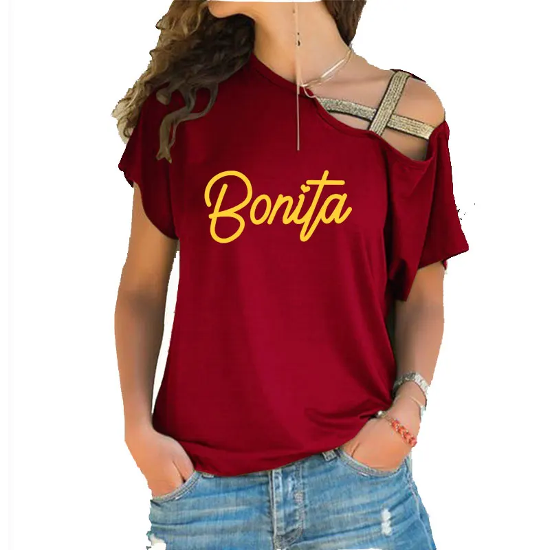 Bonita Print Women tshirt Summer Cotton Casual Funny t shirt For Lady Girl Irregular Skew Cross Bandage tee tops