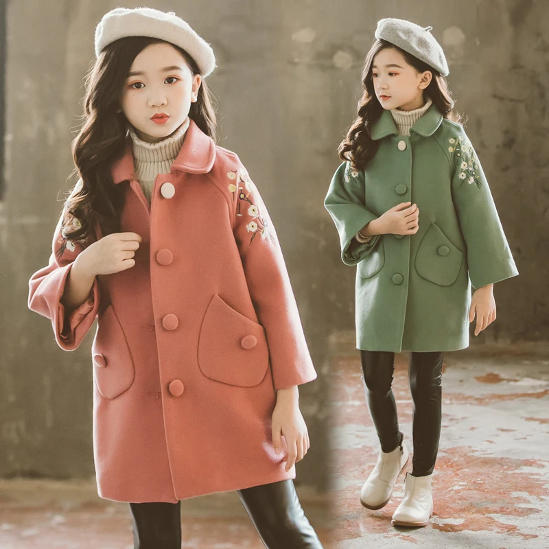 Girls Fall Winter Cotton-Padded Woolen Coat New Kids Leisure Woollen Overcoat Children's Embroidered Windbreaker Outerwear P161