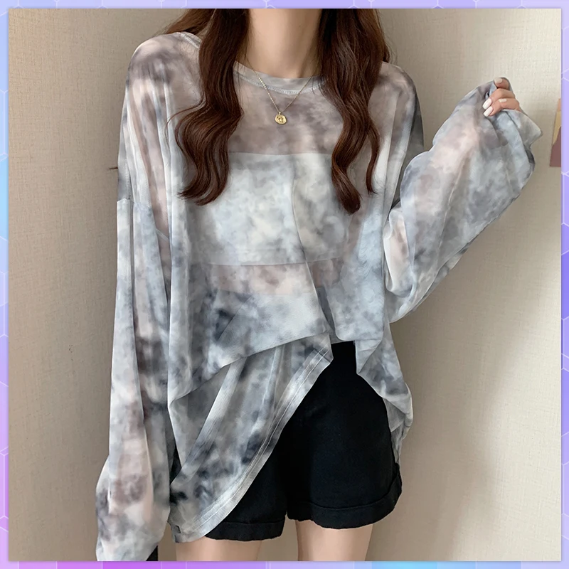 

Transparent Tie-Dye Bikini Cover Up Women Sexy Mesh Tunic Sunscreen Pareo Beach Top Summer Thin Ice Silk Long-Sleeved T-Shirt