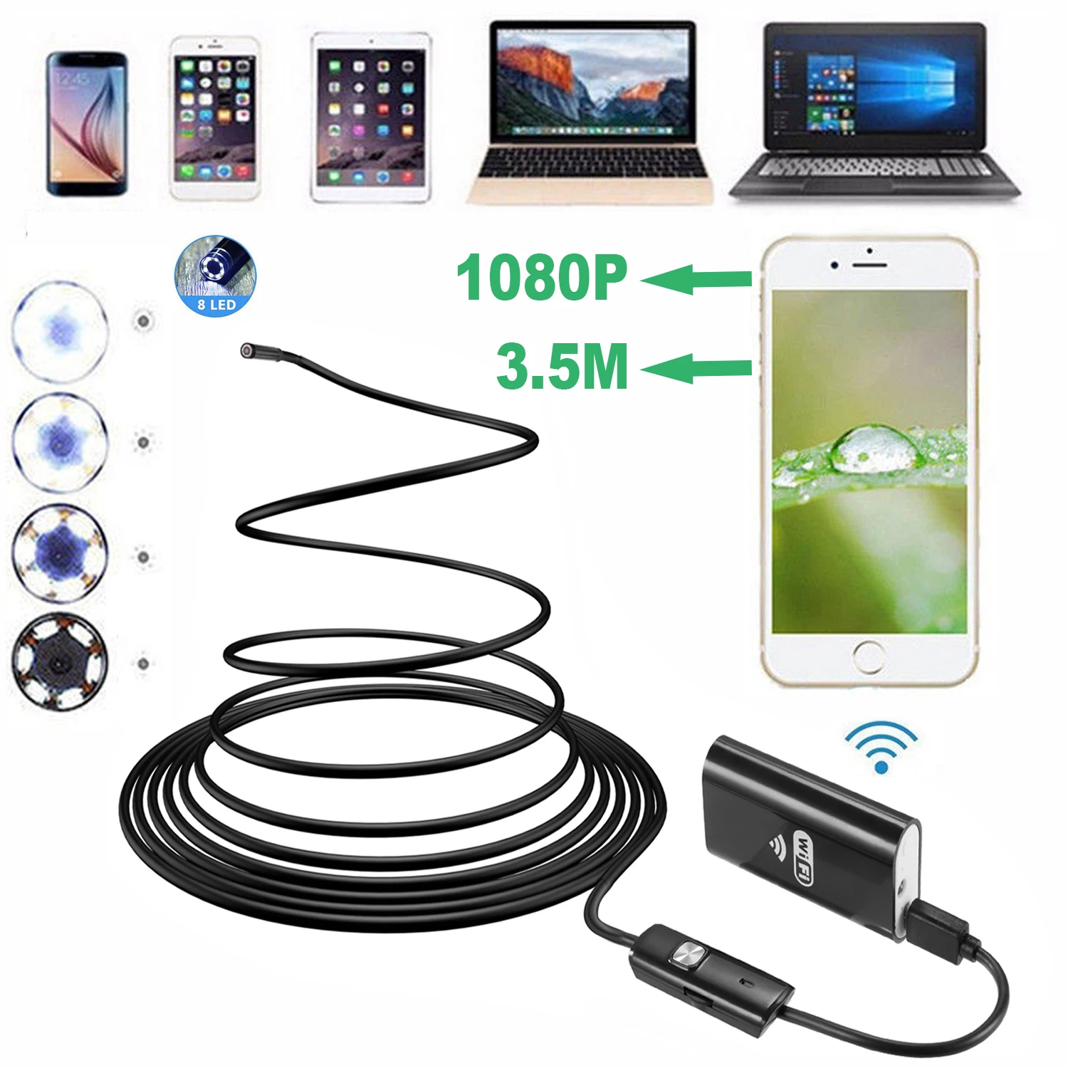 

8mm Telescoping Wifi Endoscope Camera 1080P HD Semi-Rigid Snake Camera USB Endoscope Borescope IOS Endoscope for Iphone Tablet