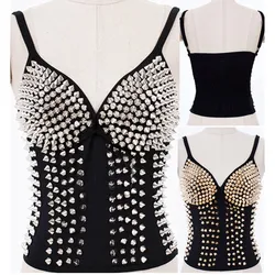 Glitter Rivet Sutiã Preto Top para Mulheres, Espartilho de Dança Punk, Waist Trainer, Espartilhos Góticos, Lingeries Sexy, Club Fashion