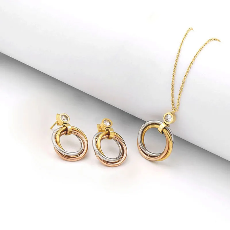 Fashion Jewelry Stainless Steel Jewelry Sets Three Color Plated 3 Circles Tricyclic Earrings And Necklace For Women