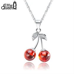 Effie Queen Real 925 Sterling Silver Necklaces with Red CZ Stone Cherry Pendant Fashion Jewelry Statement for Women BN03