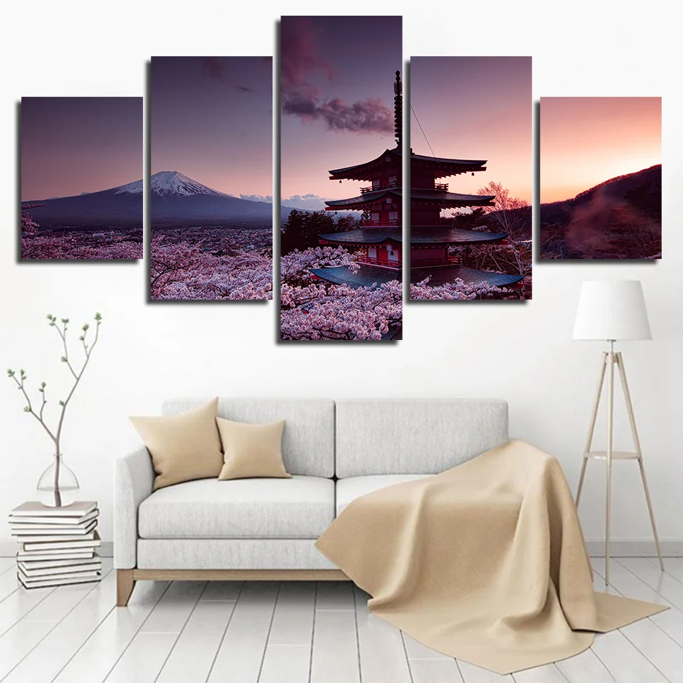 

Modular Wall Art Canvas Painting HD Print 5 Pieces Chureito Pagoda And Mount Fuji Poster Picture Decor Living Room Art Frame