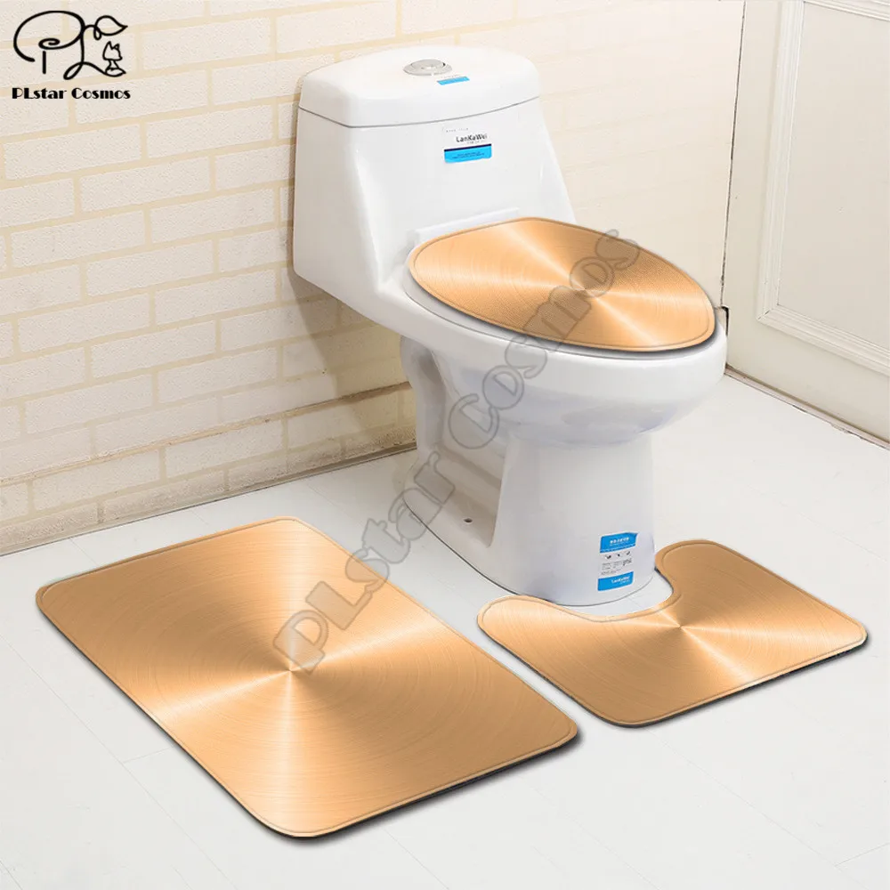 Golden metal solid color pattern 3D printed Bathroom Pedestal Rug Lid Toilet Cover Bath Mat Set drop shipping style-3