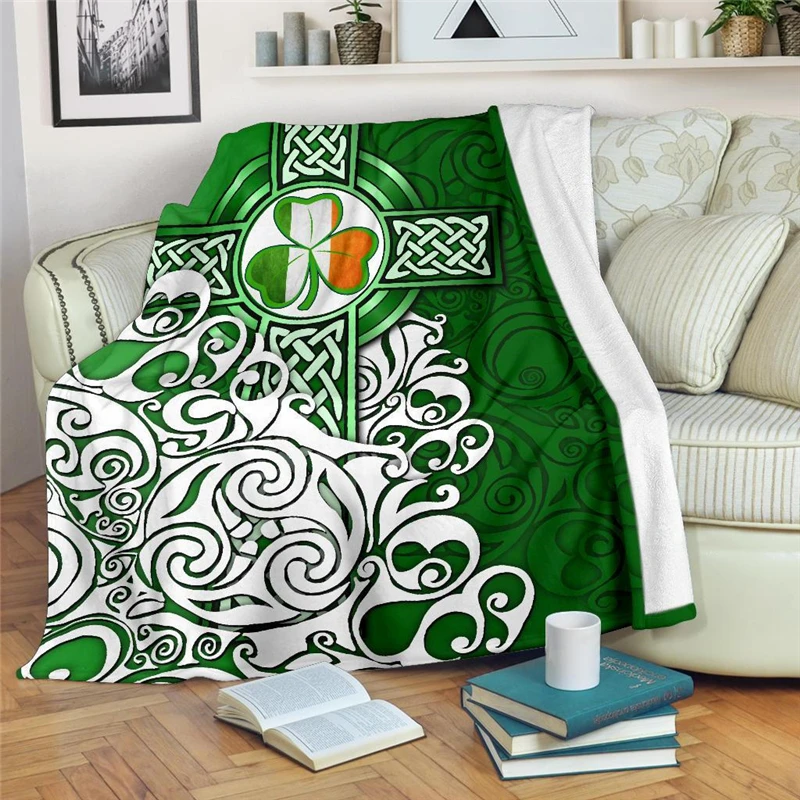 Irish Shamrock Flag with Celtic Cross Flannel Blanket 3D Print Children Blanket Home Life Travel Airplane Portable Throw Blanket