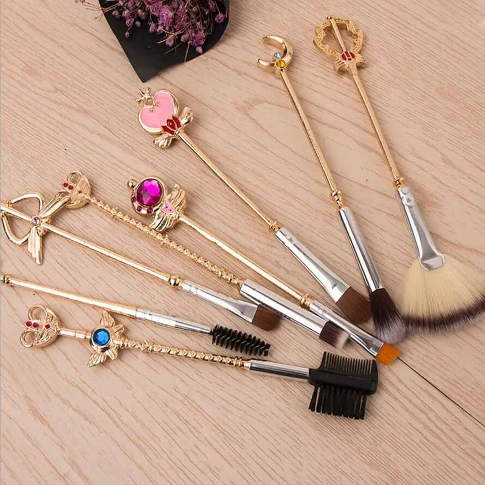 RONSLORE 8pcs Sailor Moon Makeup Brush Set With Pouch Magical Girl Gold Cardcaptor Sakura Cosmetic Brushes With Cute Pink Bag