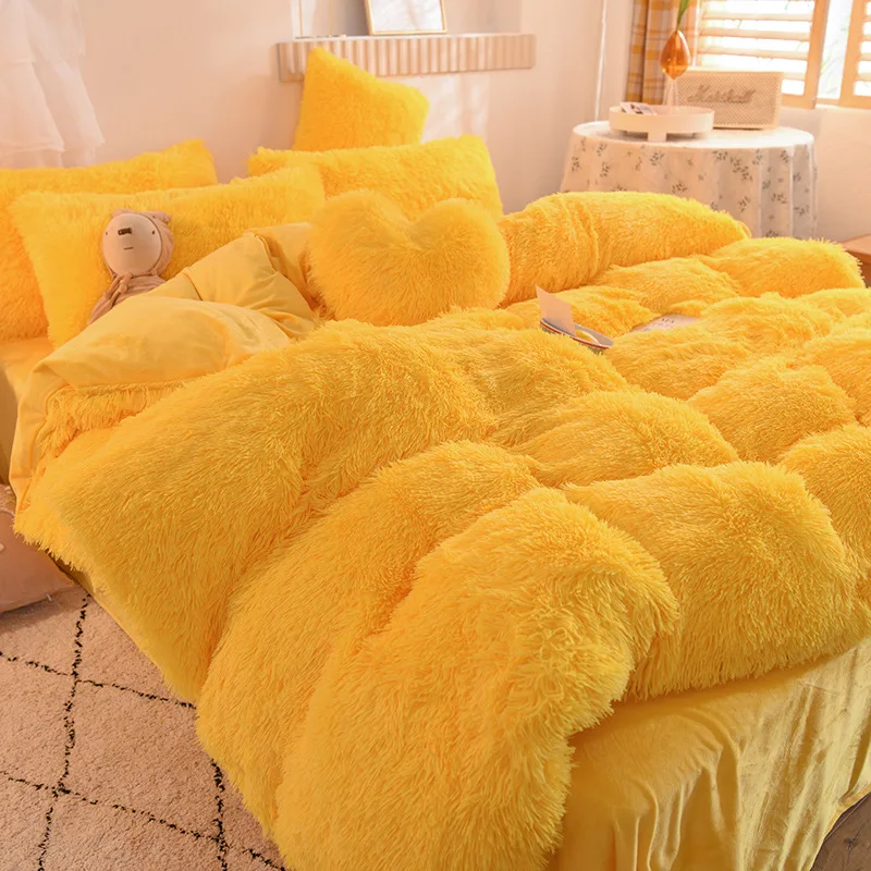 Winter Long Plush 4pcs Bedding Set Super Soft Velvet Quilt Cover Thicken Warm Flannel Bed Sheet Pillowcase Bed Set Queen Size