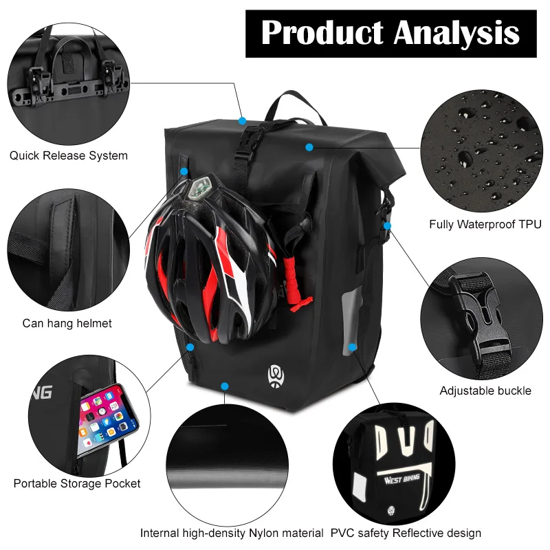 WEST BIKING Bicycle Trunk Bag TPU 100% Waterproof MTB Road Bike Panniers 25L Large Capacity Shoulder Bag Cycling Accessories