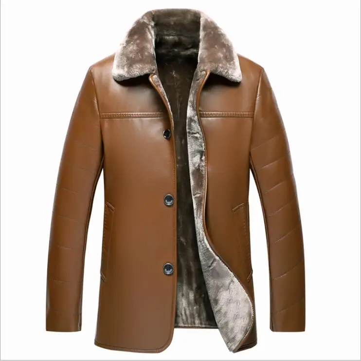 European men leather fur Long  Jacket Turn Down collar male down cotton imitation sheep leather fur coat Cuero abrigo de piel