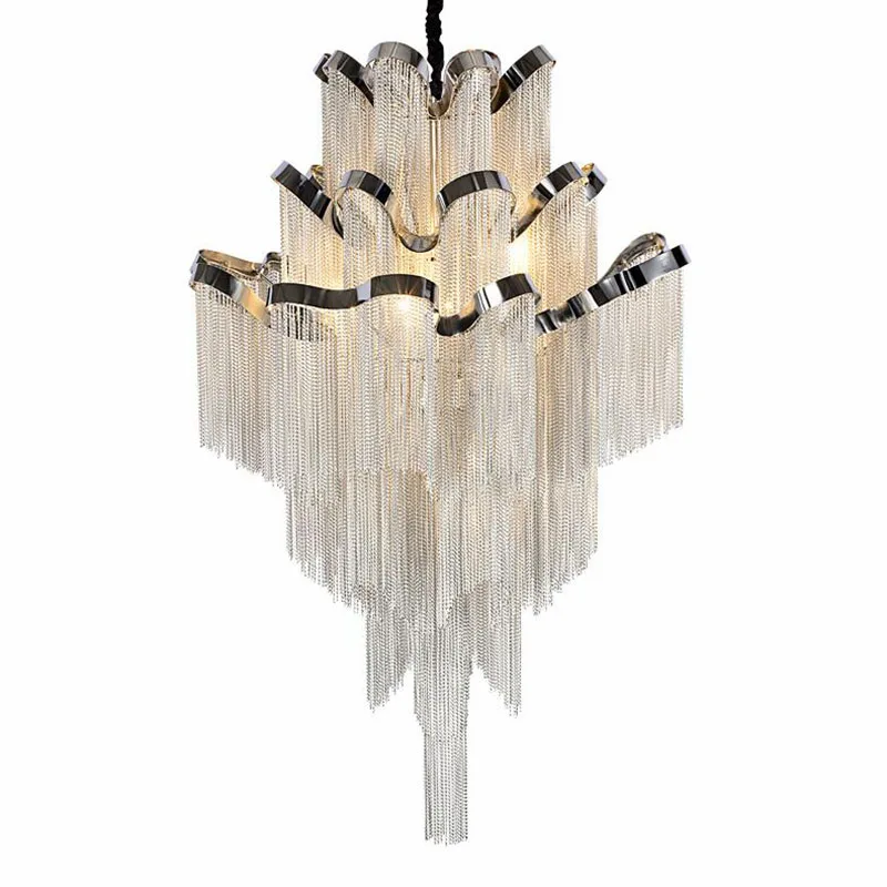 ثريا بسلسلة شرابة فاخرة ومبتكرة حديثة لغرفة المعيشة وتركيبات إضاءة معلقة على الدرج مع ستائر أنيقة