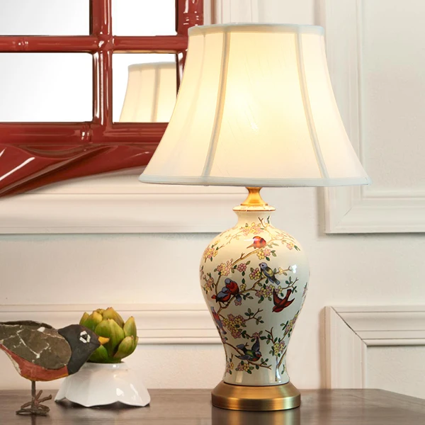 New Chinese style retro ceramic Table Lamps American creative warm copper fabric LED E27 deco lamp bedside&foyer&studio JTSJ002