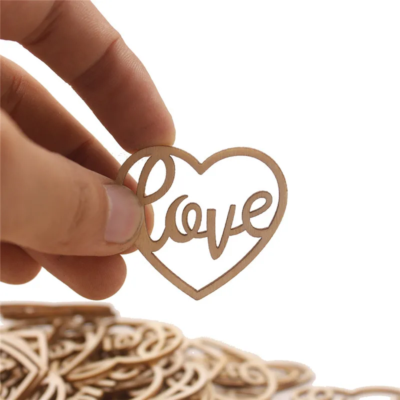 50pcs Wooden Love Heart Shape Slices Hollow Unfinished Wood Cutout Art Craft for Wedding Party Children DIY Pieces