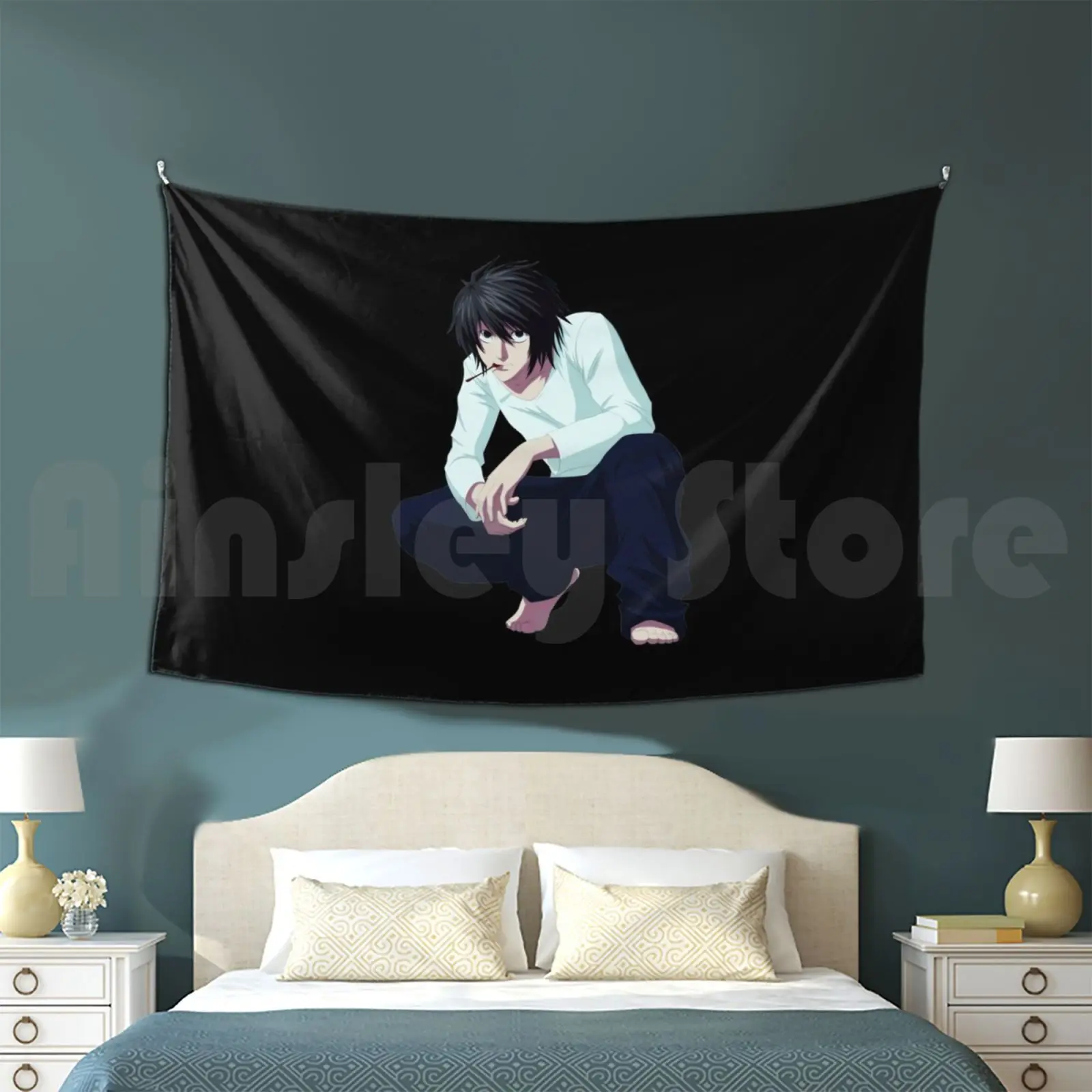 L In Typical Sitting Position Tapestry Background Wall Hanging Death Note Shinigami Anime Light Japan Cartoon God Of