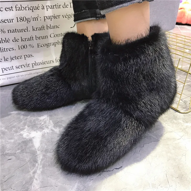 Real Mink Fur Women Snow Boots Black Winter Warm Furry Botas Mujer Casual Ankle Booties Thick Sole Platform Shoes Ladies Flats