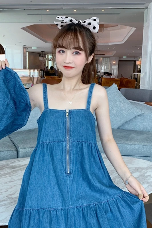 Korean-Stil Vintage Kühle Zip Denim Plissee Erweiterbar-Stil Alle-spiel Student Sleeveless Latzhose Kleid Sommer Lolita kleid