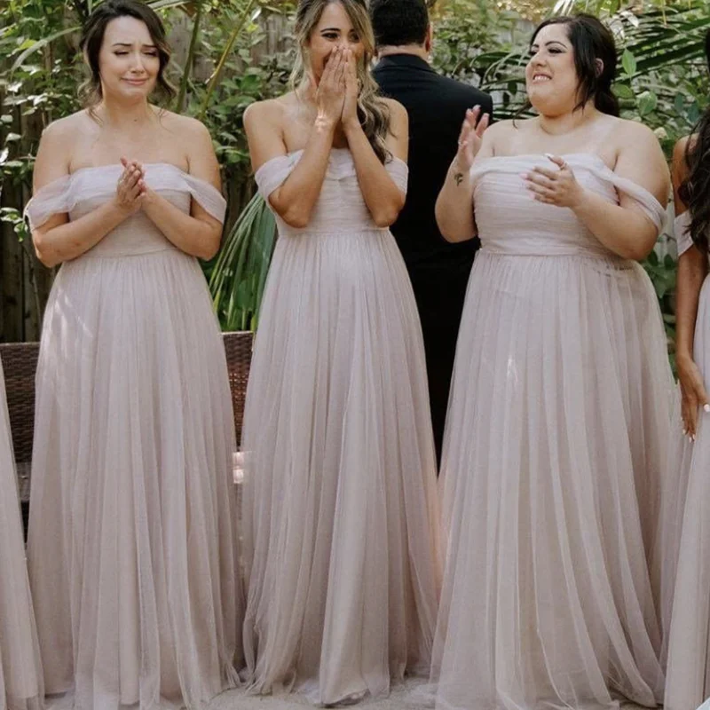 Vestido de dama de honra, linha a, decote sem ombros, chiffon, costas nuas, comprimento simples, feito sob encomenda, vestido de casamento