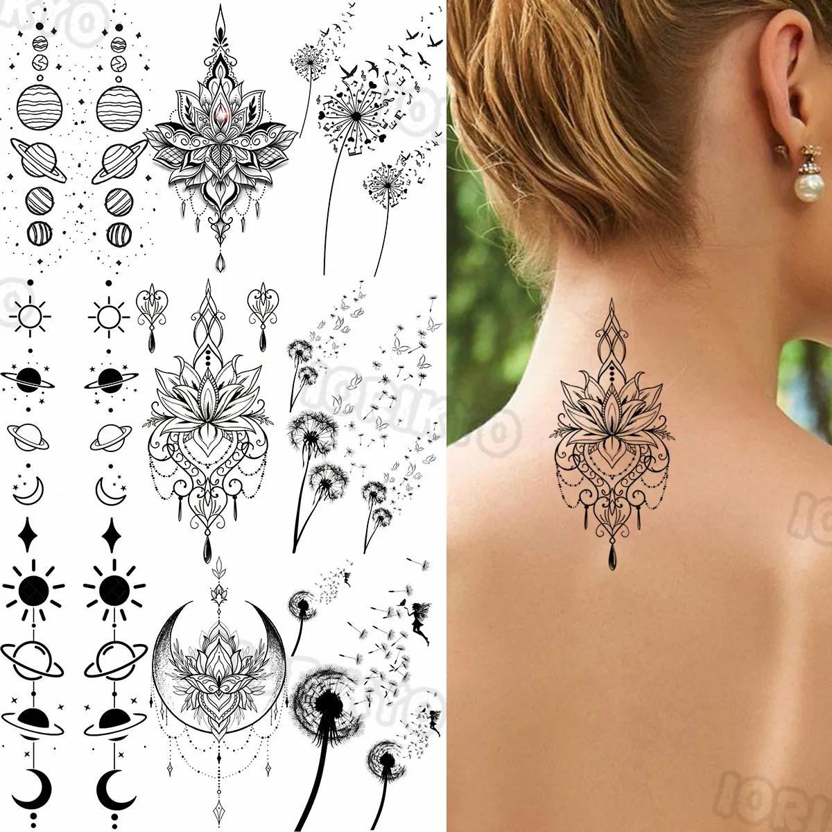 

Black Pencil Sketch Henna Lotus Temporary Tattoos For Women Girls Realistic Planet Dandelion Fake Tattoo Sticker Back Arm Tatoos