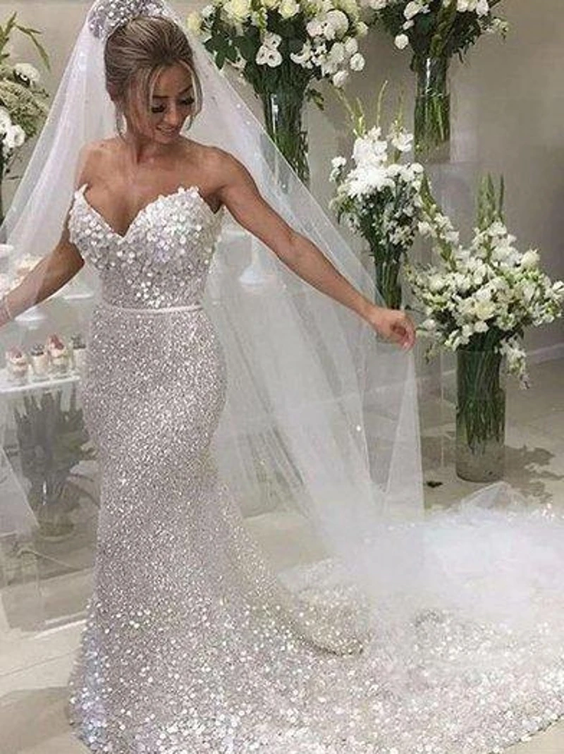 Robe de Mariée Sirène Blanche à Paillettes, Tenue de Luxe Sexy, Grande Taille, Col en V, pour Patients, Quelle que soit la Collection 2024