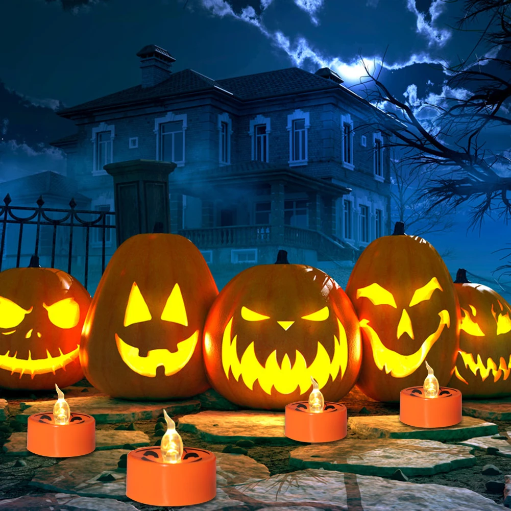 12pcs/set Creative Pumpkin Light Halloween Flameless Orange Electric Candle Lamps Halloween Decoration for Home Horror House