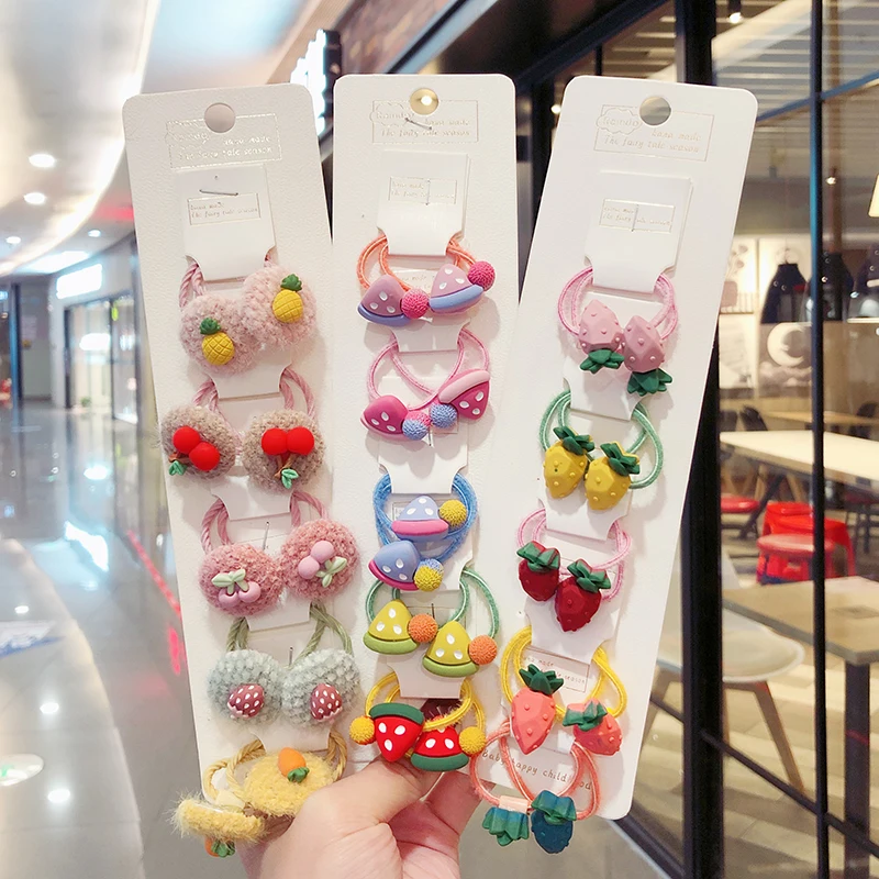 2/6/10Pcs/Set Children Cute Cartoon Fresh Fruit Flower Elastic Hair Bands Girls Wool Rubber Bands Scrunche Kids Hair Accessories