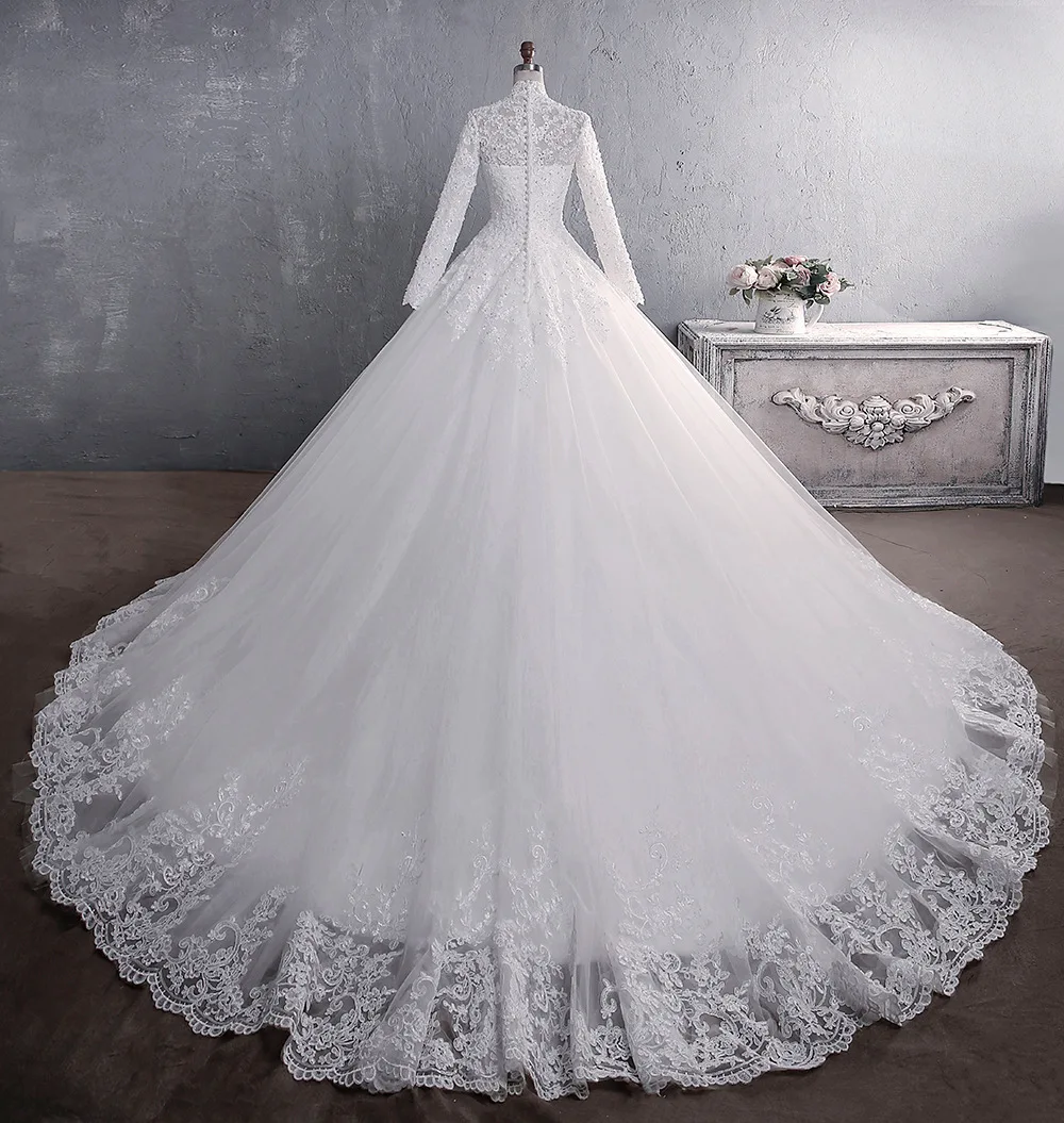 Abito da sposa musulmano 2021 elegante collo alto con treno abito da sposa principessa abito da sposa con ricamo in pizzo di lusso Vestido De Noiva