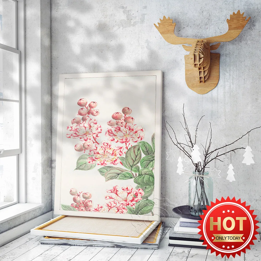 Vintage Art Pink Flowers Watercolor Style Canvas Painting, Flower  Plant Poster, Modern Asian Living Room Home Decor Gift