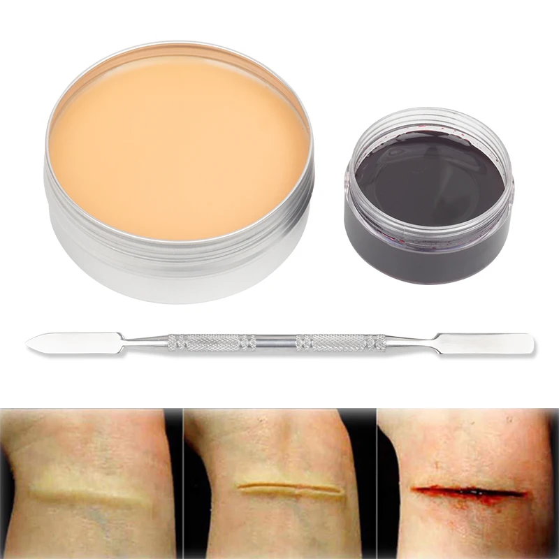 SFX Makeup Kit Scars Wax Halloween Special Effects Stage Fake Wound Skin Wax with Spatula Stipple Sponge Fake Wood Special