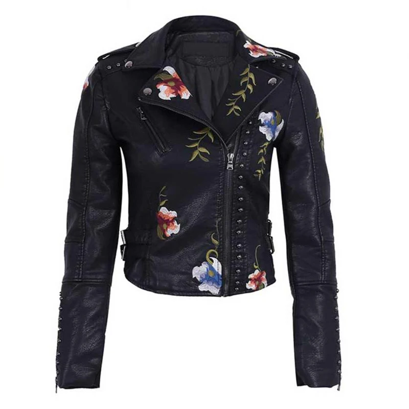 FTLZZ Floral Print Embroidery Women Pu Leather Jacket Turn-down Collar Faux Soft Leather Motorcycle Black Short Punk Outerwear