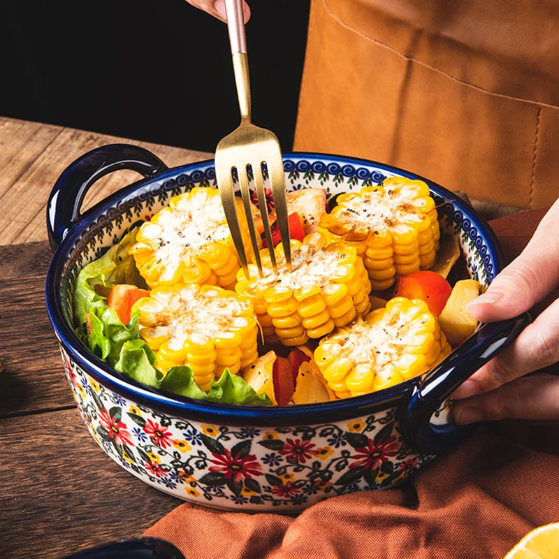 セラミック麺スープボウル食器フルーツサラダプレート手塗装食器レトロ耐熱皿バイノーラルベーキングパンキッチン食器