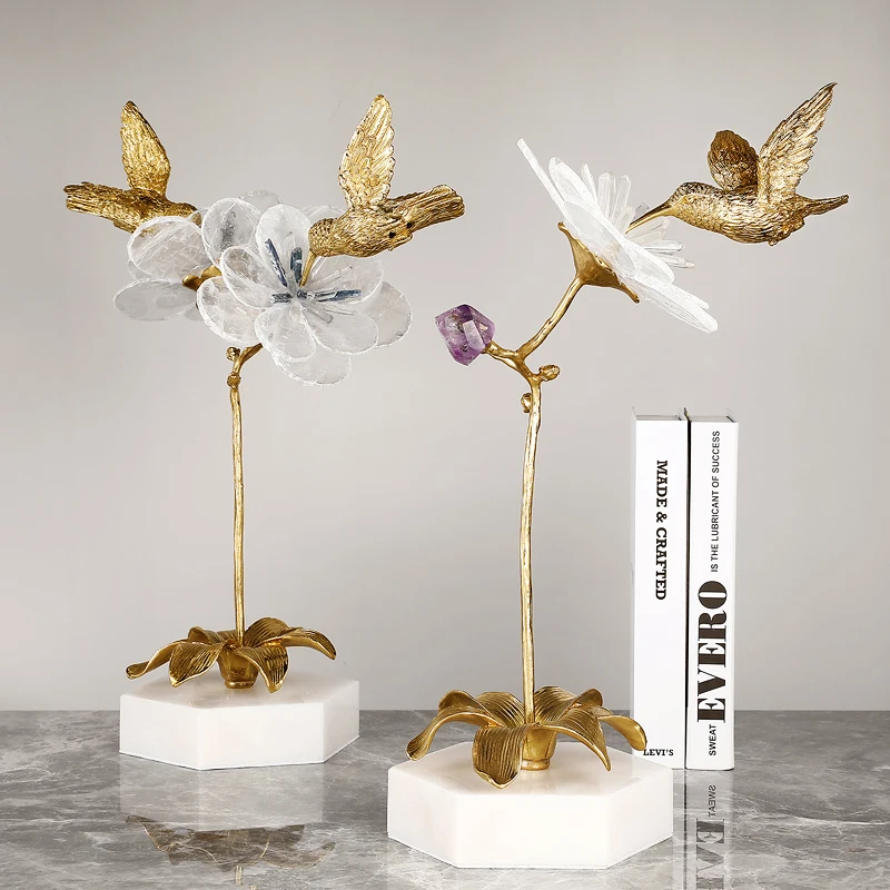 Blooming Flowers Natural Spar Petal With Copper Bird Marble Base Figurines Craft Ornament In Hotel Home Decor Accessories