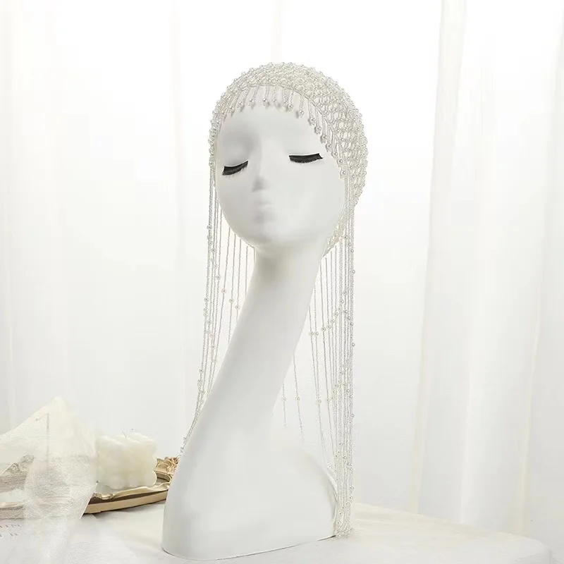 Luxury Bridal Pearl Hair Jewelry Tassel Design Handmade Beaded Hat Wedding Hairbands Accessories