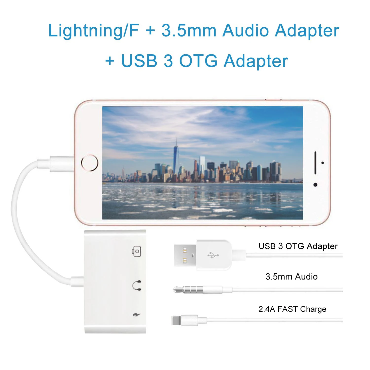 Lightning to USB 3.0 OTG Camera Adapter/Cable Cord with Charging Support 3.5mm Aux Audio