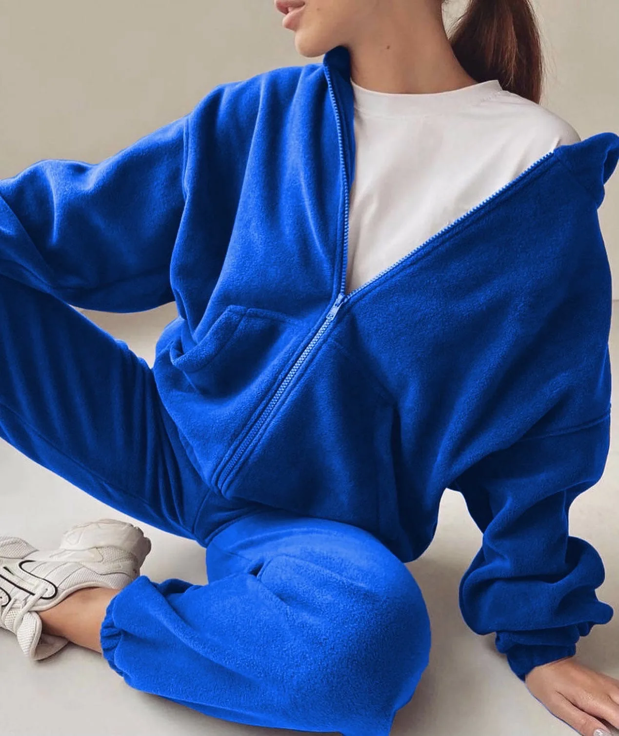 

2022 Casual Women Fleece Hoodie Two Piece Sets Hooded Zipper Outerwear And Harem Pant Suit Winter Fashion Streetwear Tracksuit