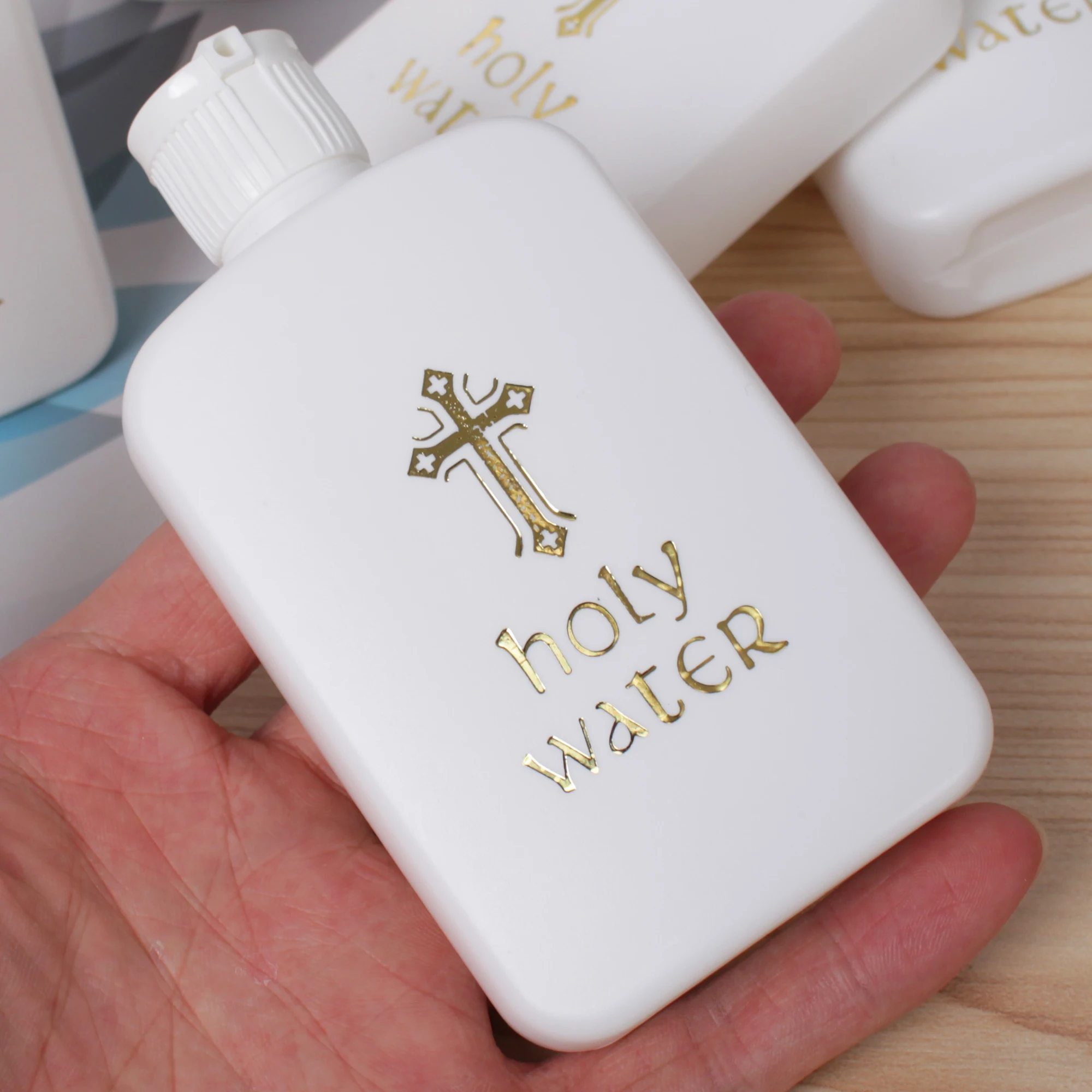 100ml garrafa de água sagrada religiosa com bloqueio de ouro, garrafa de plástico de decoração da bíblia sagrada cristã com bloqueio de ouro