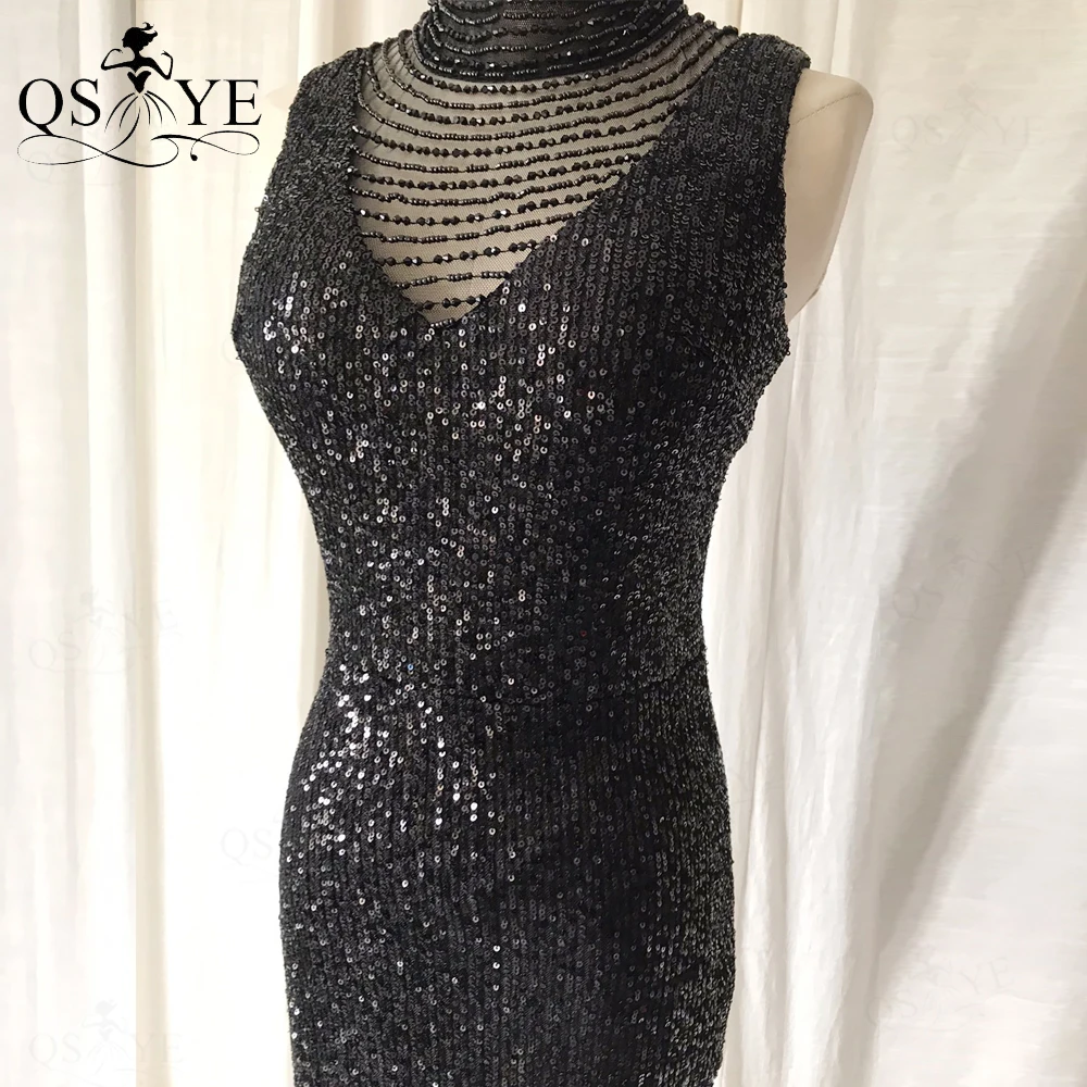 Vestidos de Noche negros de cuello alto con lentejuelas de sirena para mujer, vestido de fiesta Formal con cuentas, sin mangas, con abertura en la espalda, color negro