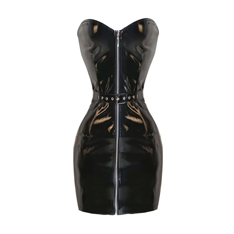 Sexy preto brilhante pvc molhado olhar fora do ombro bodycon vestido plus size vestido de látex de pvc quente com zíper frontal vestido sem alças