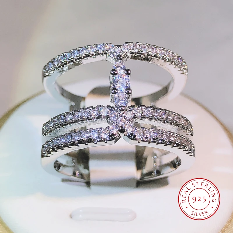 925 Sterling Silver Fashion wielowarstwowe łańcuszki pierścionki z cyrkonią dla kobiet ślubne proste pierścionki z oświadczeniem para obrączki