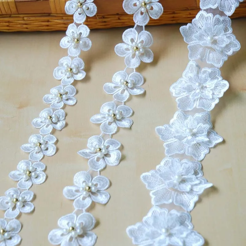 20Yards Beautiful Organza White Lace Trim Fabric Nail Pearl 3D Flower Wedding Dress DIY Handmade Decoration Accessories