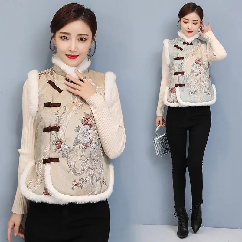 2020 Winter Chinese Clothes New Quilted Vest Retro Jacquard Sleeveless Short Rabbit Fur Spliced Cotton Coat Qipao Waistcoat y659