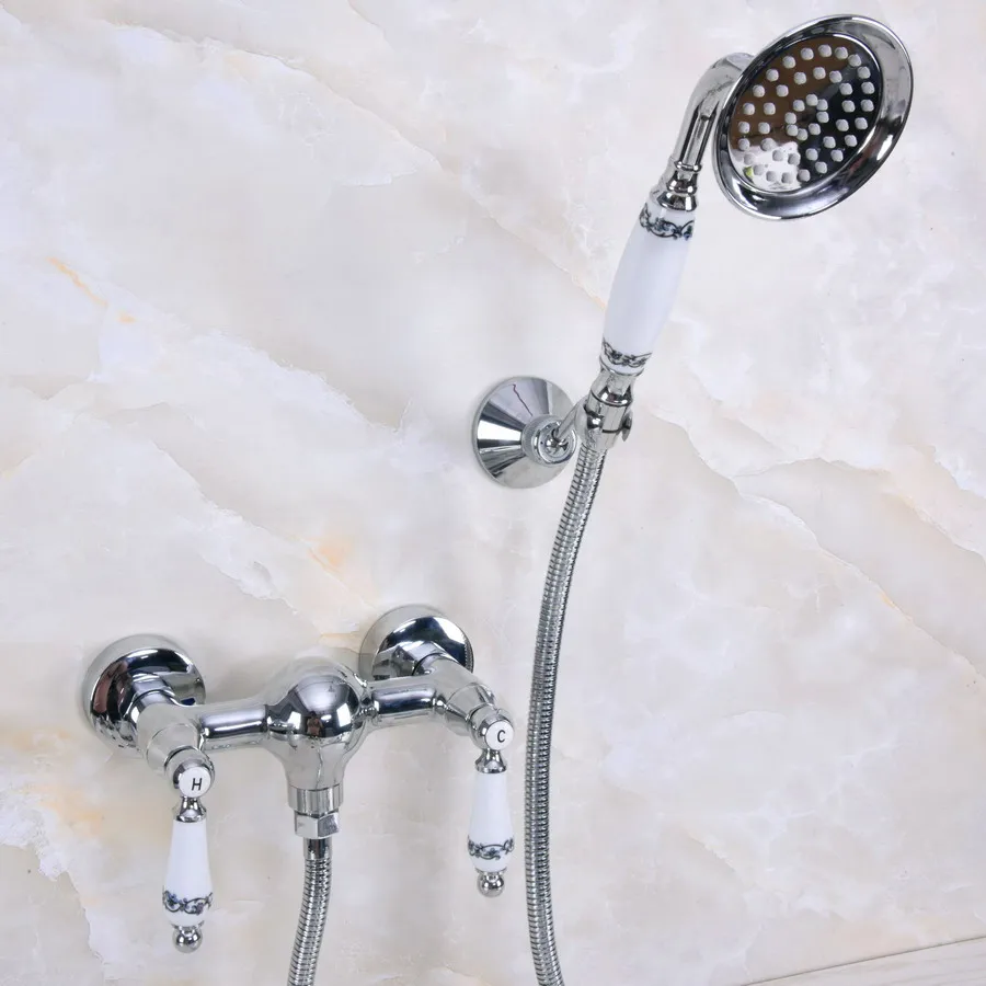 

Polished Chrome Brass Wall Mount Bathtub Faucet with Handheld Shower Set +1.5M Hose Mixer Tap 2na285