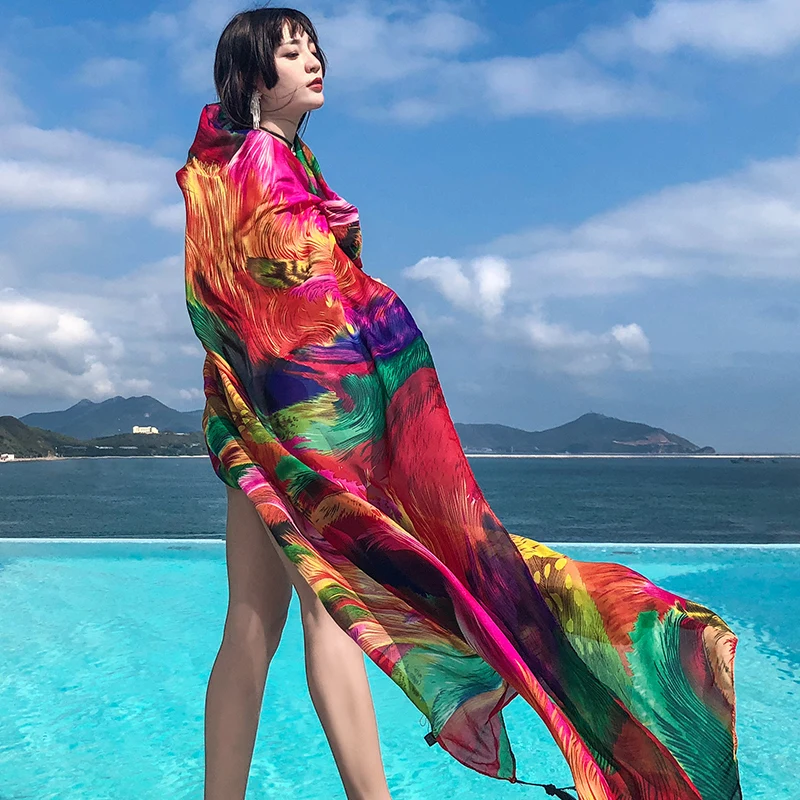 Silk scarf female summer sunscreen beach towel bohemian shawl scarf dual-use wild beach large scarf can be used as a skirtdress