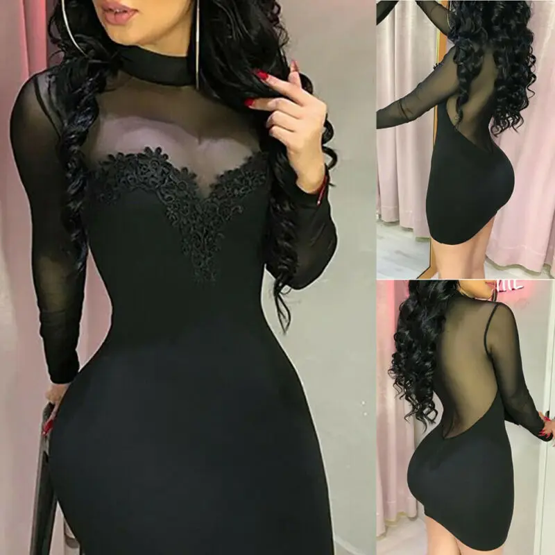 Skinny Summer Dress 2019 Mesh Transparent Sexy Black Women Dress Casual Long Sleeve Evening Party Mini Short Sexy Dress Bodycon