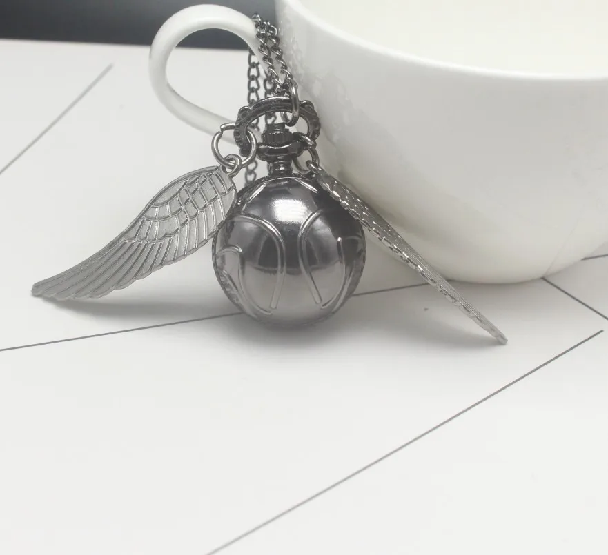 Retro Snitch Ball Shaped Potter Quartz Pocket Watch Fashion Sweater Angel Wings Necklace Chain Gifts for kids