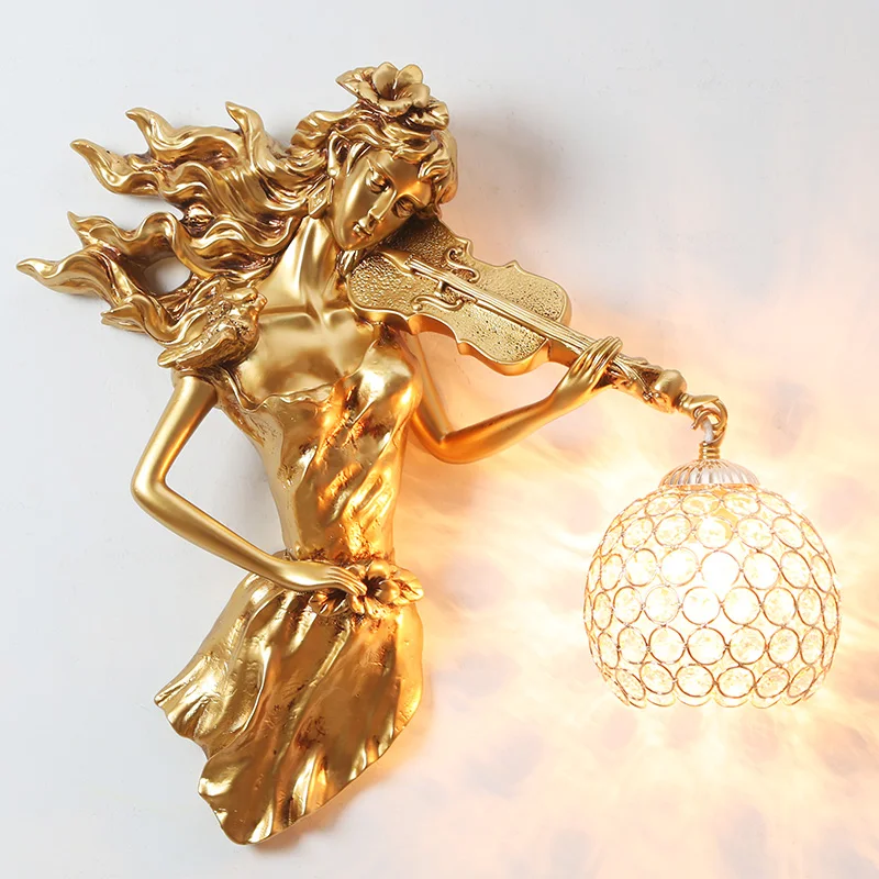 European Violin Girl Led Wall Lamp Vintage Gold Crystal Sconce Wall Light Fixtures Living Room Bedroom Lighting Home Art Decor