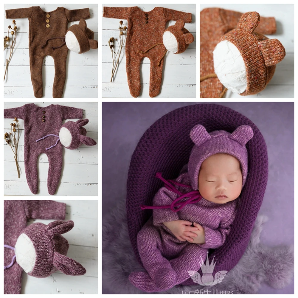 

Baby Knitted Footed Clothing For Newborn Photography Props Romper & Rabbit Ear Hat Set Infant Boy Girl Outfit Photo Shoot Studio