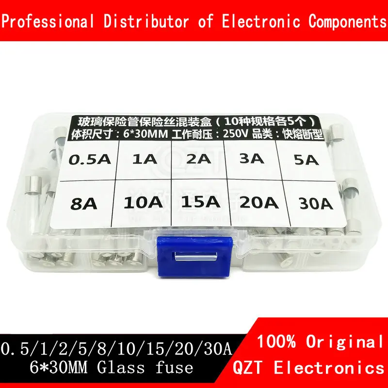 50 pz/set i corredi assortiti fusibile rapido della metropolitana di vetro del colpo di 6x30mm, fusibili di vetro 0.1A 0.5A 1A 2A 3A 5A 8A 10A 15A 20A