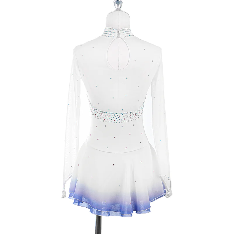 White Gradient Figure Skating Dress For Women And Girls Long Sleeve Ice Figure Skating Clothes With Rhinestones