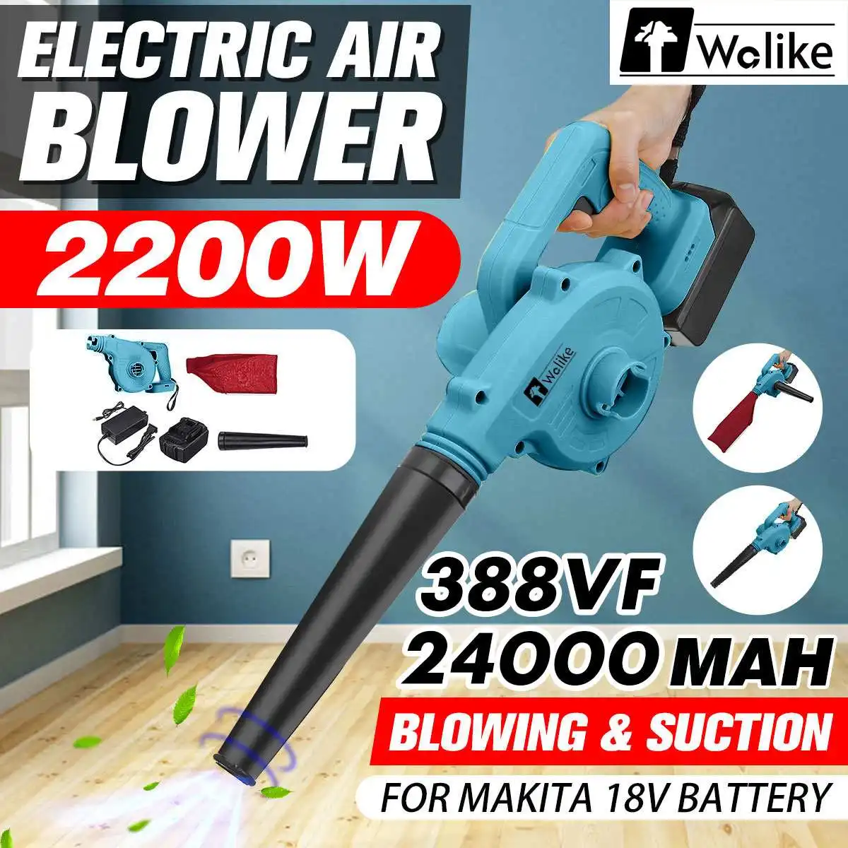 Wolike Ventilador de ar elétrico e aspirador de poeira, vácuo sem fio, Cleannig Leaf Blower, Makita 18V Battery Power Tools