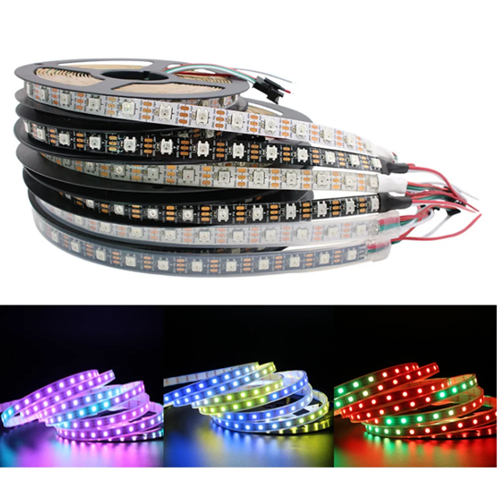 DC 5V 1m/5m Roll Ws2812b Ws2811ic Built-in 5050 Smd Rgb Strip Lndividually Addressable 30/60/144/m Led Pixel Black/White PCB